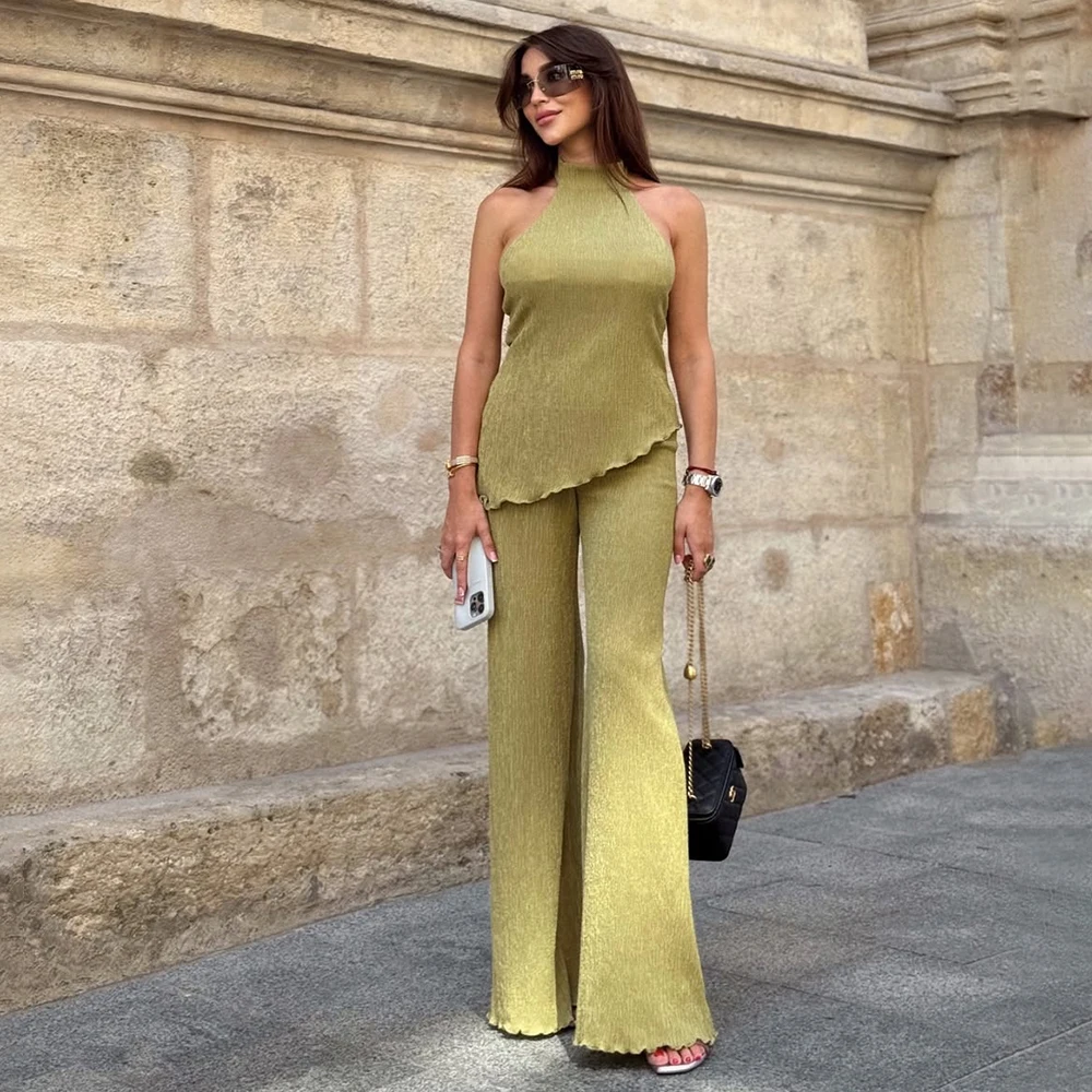 Green Sleeveless Backless Pants Set - Women's Two-Piece Summer Outfit