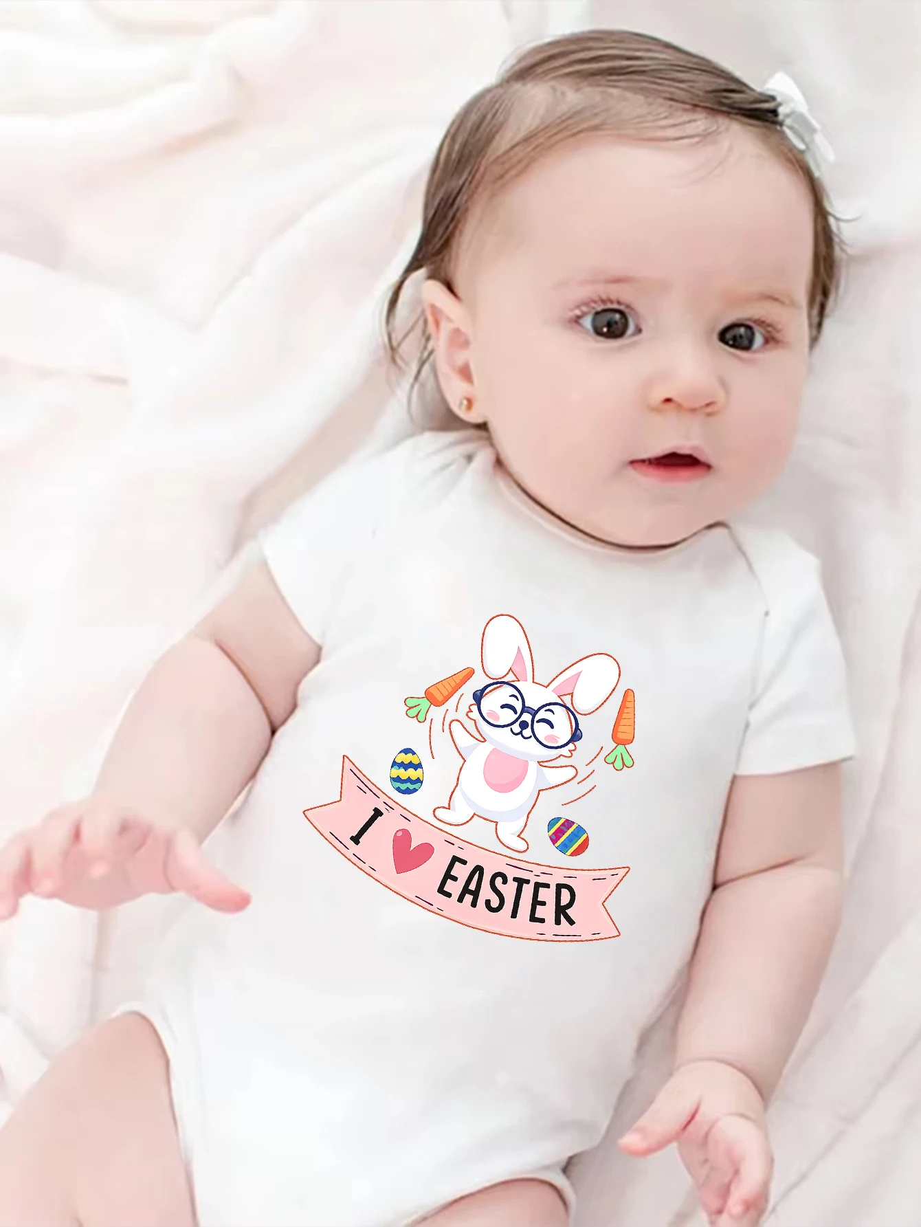 

Боди-треугольник с принтом кролика и надписью "I Love Easter" для мальчиков и девочек, весна/лето, с короткими рукавами, для пасхальных вечеринок