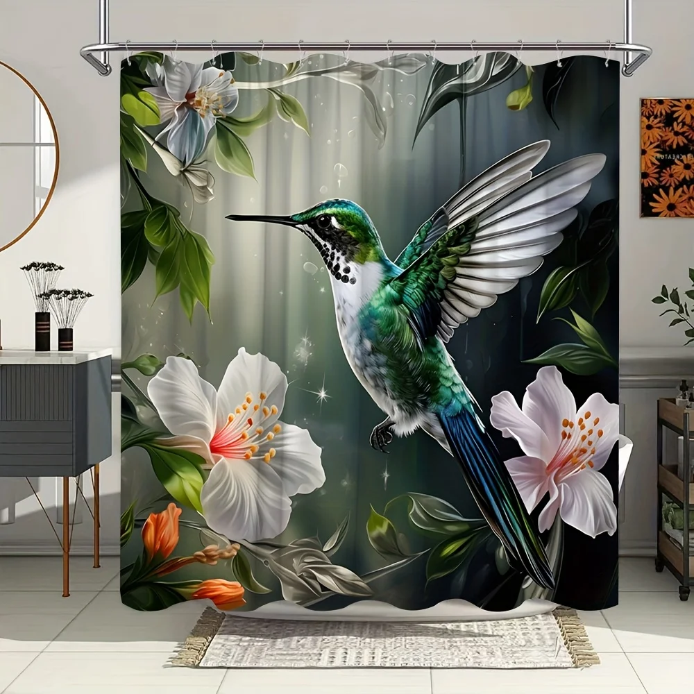 ستارة حمام الطائر الطنان النابضة بالحياة - زهور وأوراق خضراء غريبة، ديكور منزلي مقاوم للماء يضيف جمالًا الطبيعة إلى حمامك