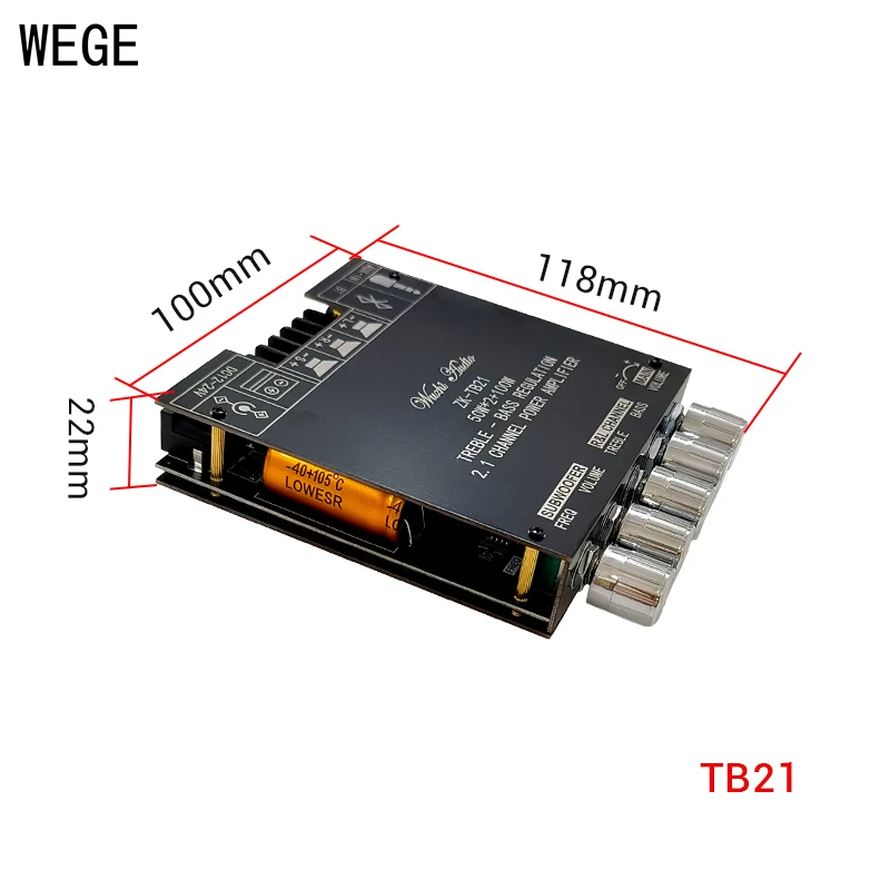 WEGE ZK-MT21 TB21 2*50W+100W TPA3116D2 BT5.0 Audio Power Amplifier Board Subwoofer 2.1 Channel  Stereo AMP AUX Wuzhi Audio APP