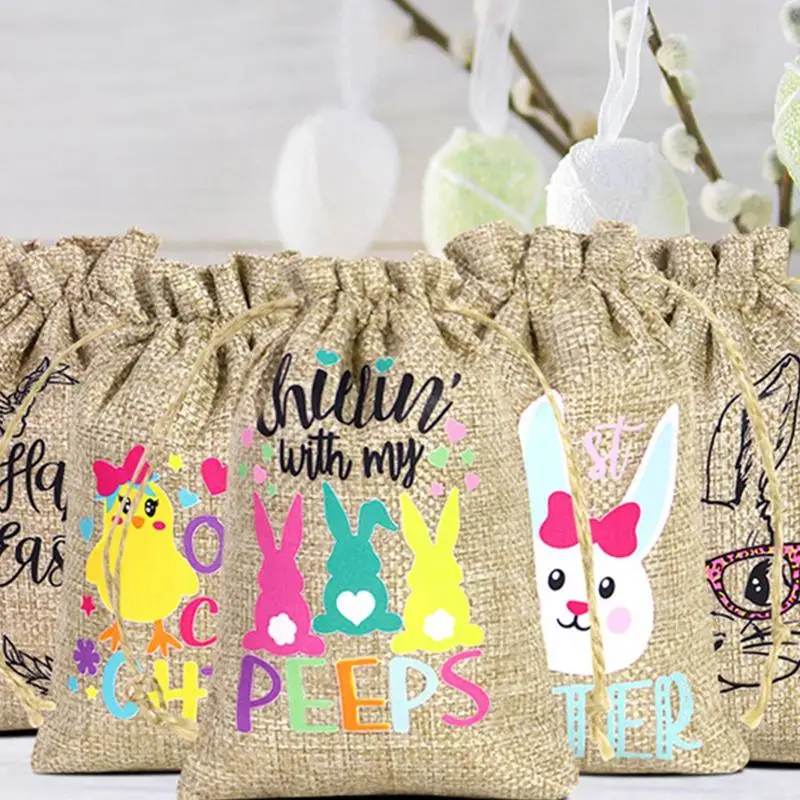 Bolsas de arpillera de Pascua con cordón, bolsa de goody de conejito, 12 piezas, bolsa de arpillera con cordón, bolsa de dulces de huevo de lino para parte
