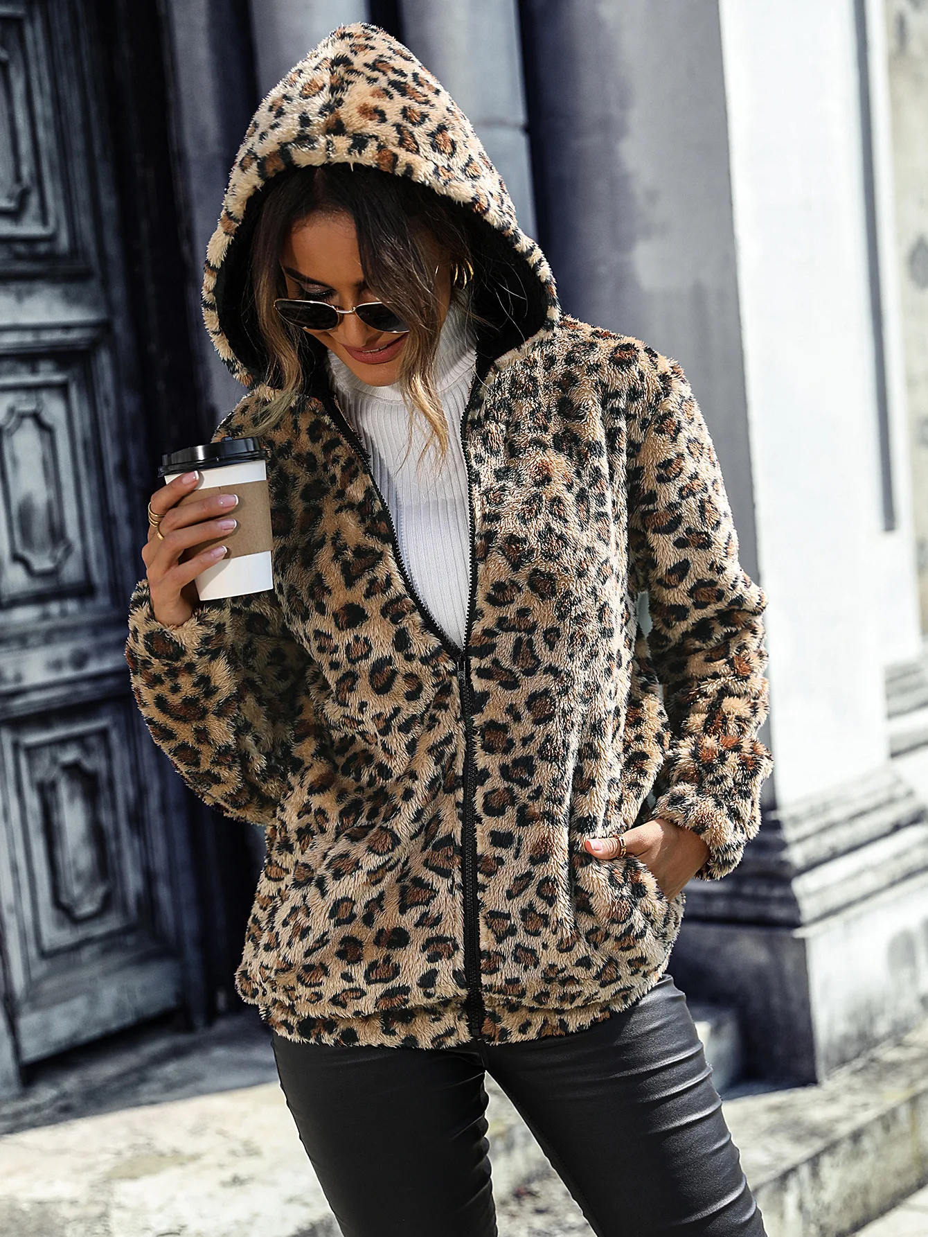 Autumn Winter Women Fashion Hooded Coats Long Sleeve Leopard Print Double-sided Plush Loose Warm Thick Jacket Female Zipper Coat