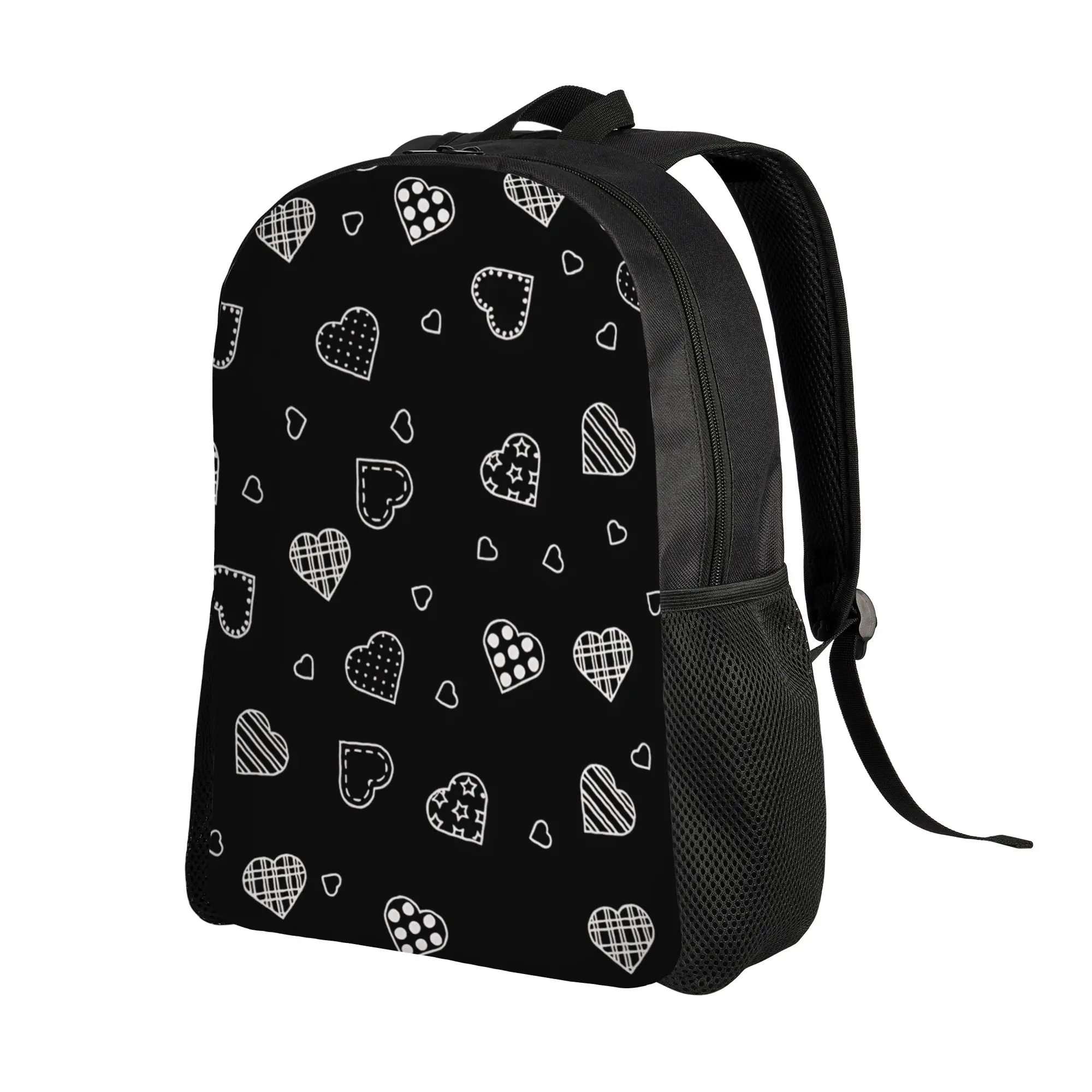 Black Background Variety White Hearts Backpack  Youth Polyester Hiking Backpacks Pattern Casual School Bags Rucksack