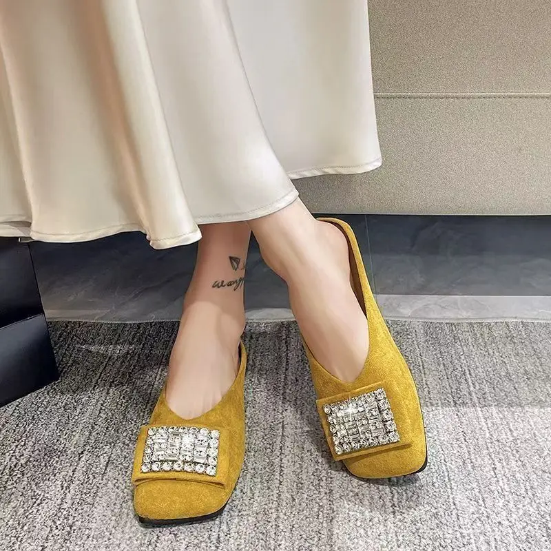 Fashion Glitter Crystal Diamond Women's Slippers 2026 Square Toe Flat Sandals Summer Casual Beach Women's Shoes Zapatos De Mujer