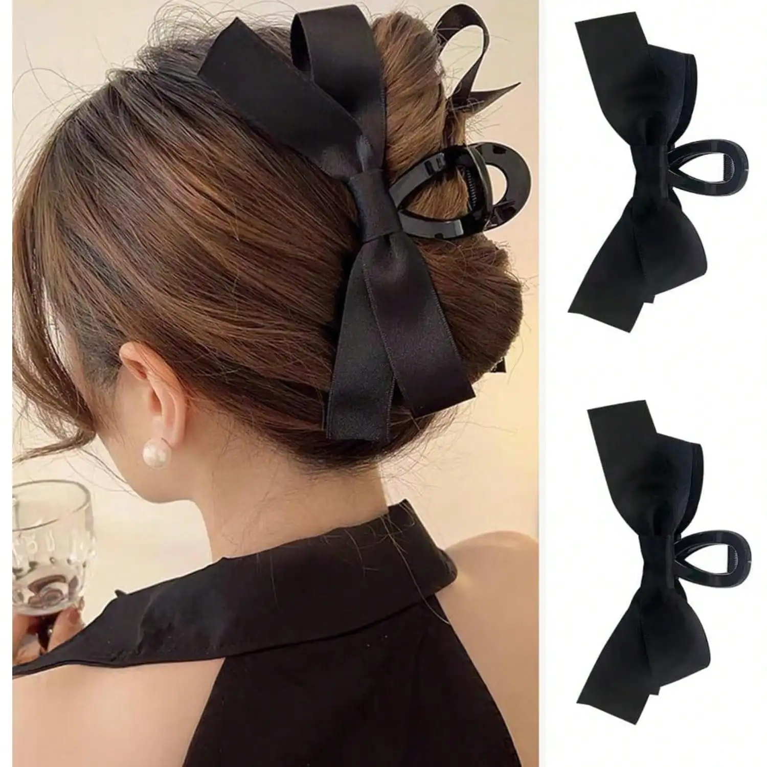 

Заколка-краб с бантом, 1 шт., черная заколка-краб с бантом, заколки-бантики для женщин и девочек, нескользящие заколки-бантики