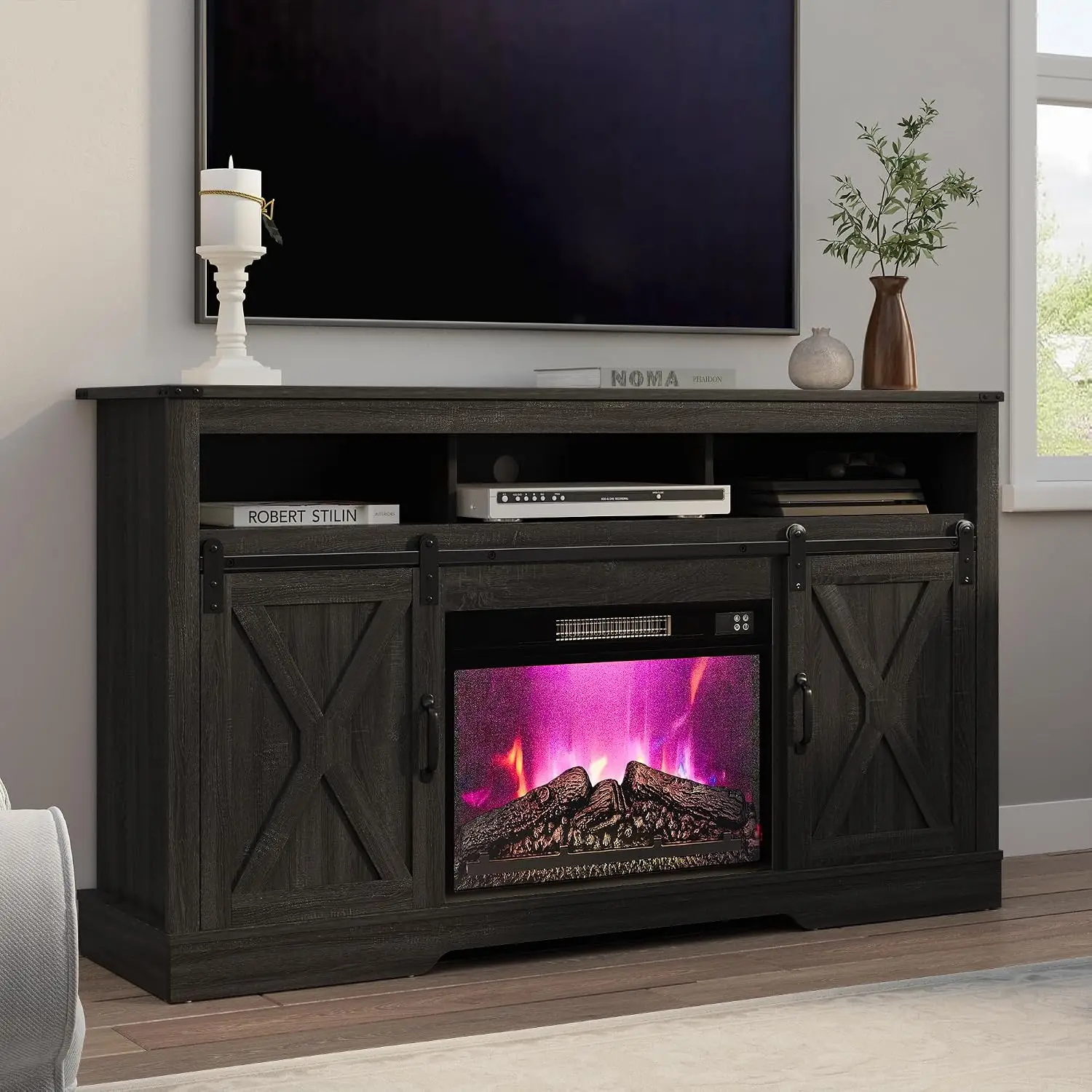 Farmhouse TV Stand with 23" Electric Fireplace, 65 Inch Entertainment Center, 34" Rustic Console with Sliding Barn Door, Dark Gr