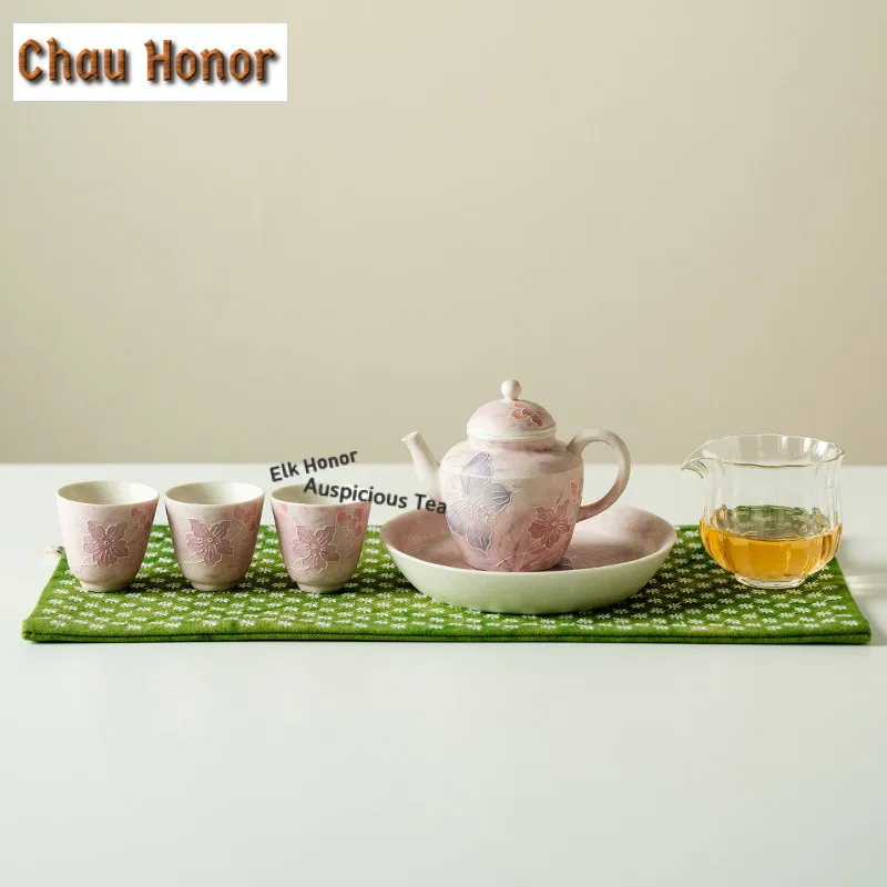 Rock Mineral Light Pink Pile Carve Butterfly Tea Set Complete Set Vintage Tea Ceremony Set Teapot And Tea Cup Set Teaware Gift