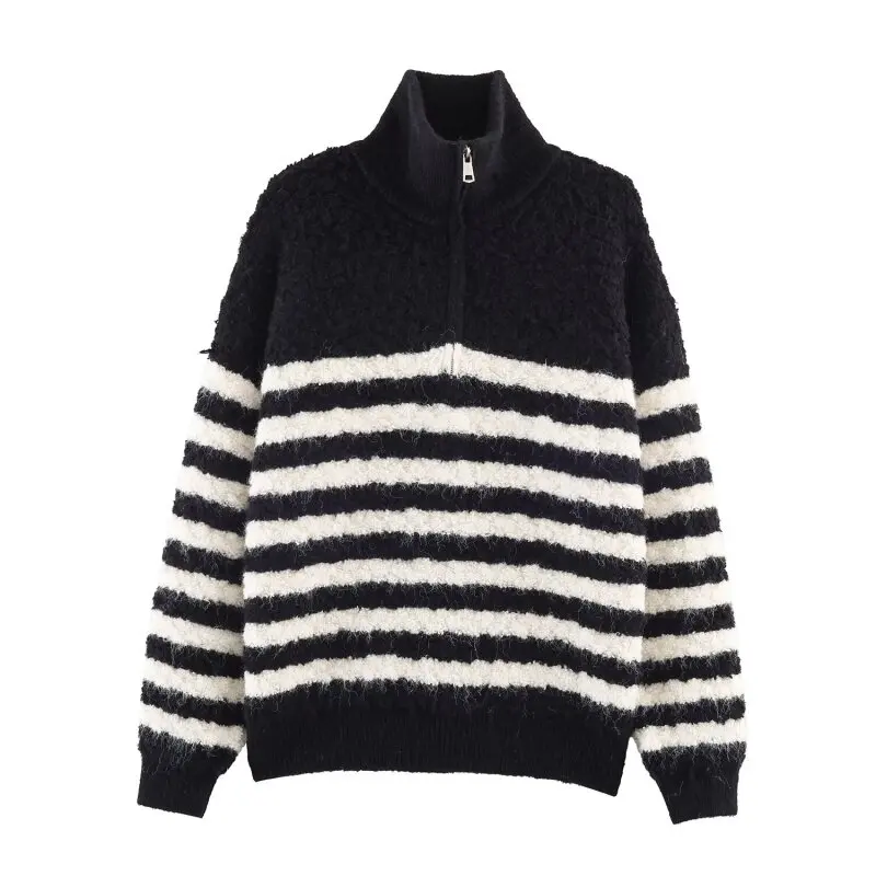 

Women’s Outdoor Fall Wool Cable Knit Heavyweight Striped Half-Zip Lapel Pullover Sweater Jacket Coat Outerwear
