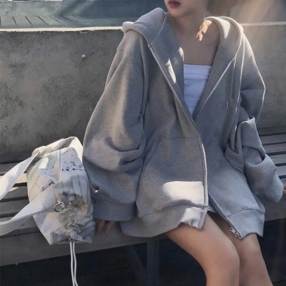 

Autumn Winter Warm Long Gray Jacket With Hood Long Sleeve Big Pocket Zipper Jacket Coat Women Casual Outerwear Coat Tops Sport