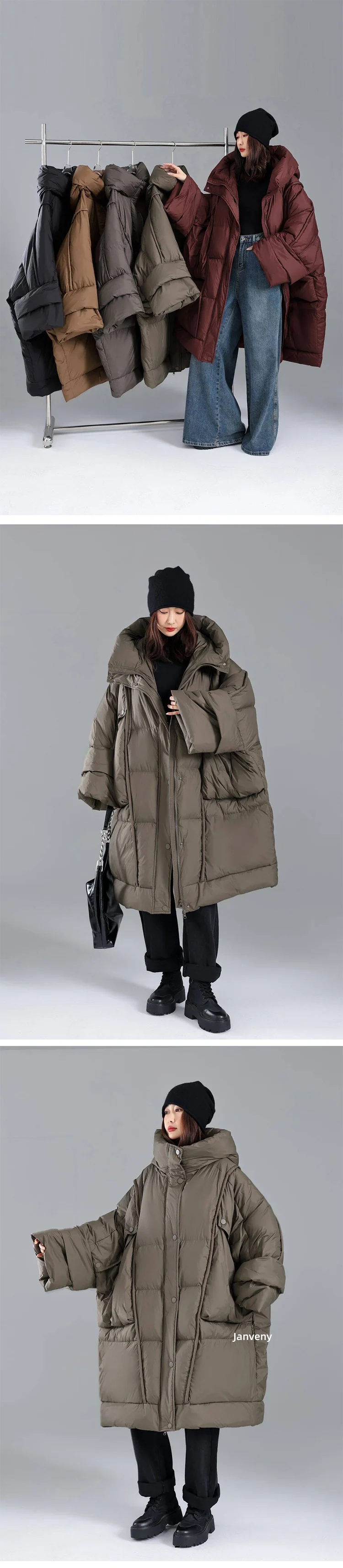 Janveny 2026 Newest Winter Loose Long Puffer Jacket Women Hooded 90% White Duck Down Coat Female Fluffy Warm Down Parka Outwear