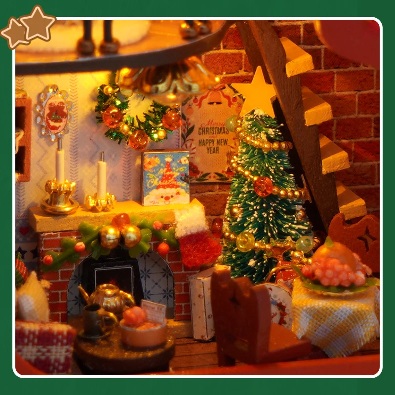 Kit modello in miniatura Casa per calze natalizie in legno fai-da-te con luci a LED Casa delle bambole con mobili per regali di compleanno per amici