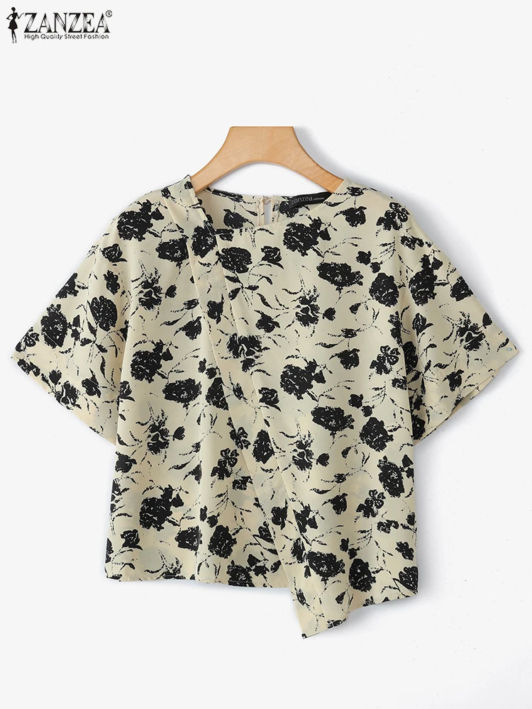 بلوزات الموضة ZANZEA بلوزات غير متناظرة المرأة قصيرة الأكمام الصيف البوهيمي قمصان مطبوعة 2025 بلوزات فضفاضة غير رسمية Femininas