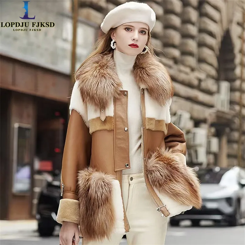 Faux Leather Coats for Women,Faux Fox Fur Collar Jackets,French style Overcoat,Female Clothes,Thicken Warm,Spliced,New ,Winter