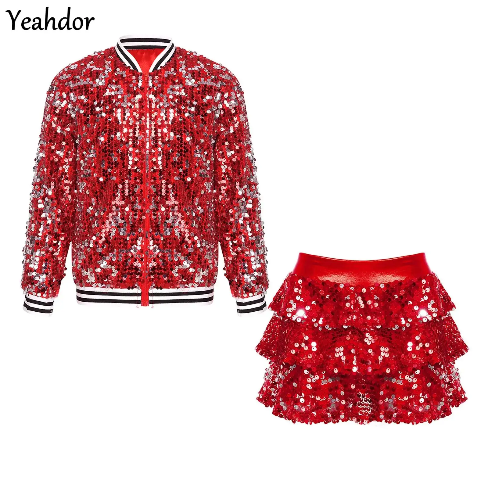 

Girls Sequin Jazz Dance Outfit Glitter Baseball Jackets Outerwear with Skirted Shorts Culottes Street Hip Hop Dance Costume Sets