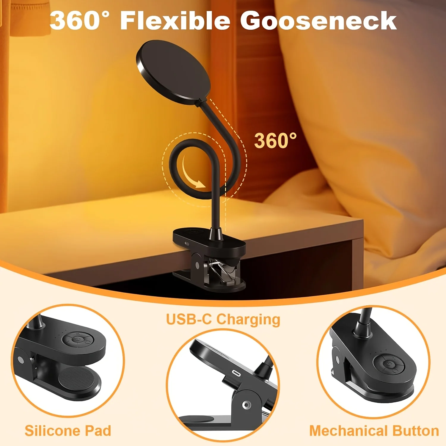 104 LEDs Rechargeable Clip on Light 3.5in Cordless Reading Lamp with 3 Color Modes & 10 Brightness Levels 360° Adjustable Gooseneck Button-Controlled  for Office Study Bedroom Dorm Workbench Studio