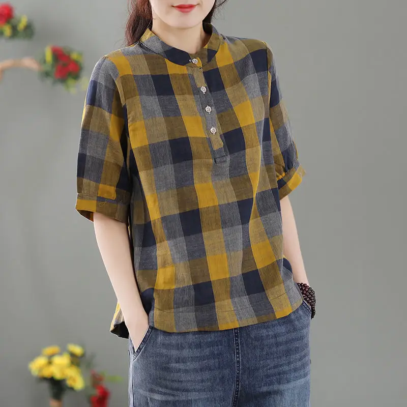 Women\'s Clothing 2023 Summer Retro Plaid Cotton Shirt Fashion Stand Collar Short Sleeve Loose Blouse Simple Casual Pullover Tops