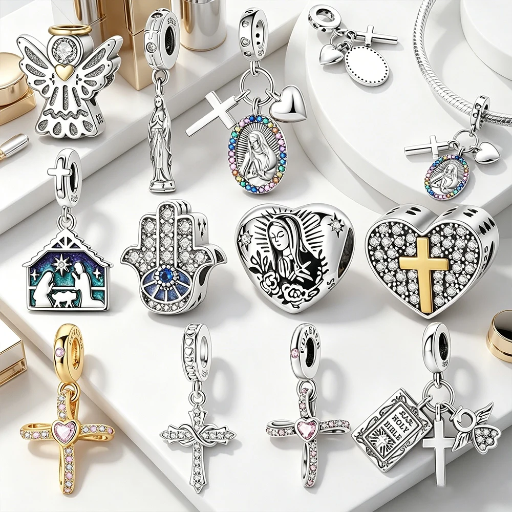 Breloques en argent sterling 925, croix et cœur, pour bracelet, porte-clés, DIY, style dévotionnel brillant, accessoire cadeau pour femme, compatible avec les sacs