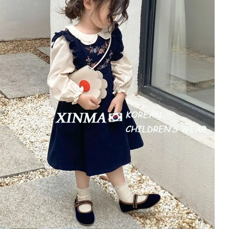 New Girls Dress Set Embroidered Corduroy Suspender Skirt Stylish Baby Collar Shirt Autumn Skirt 2-piece Set Sweet Casual