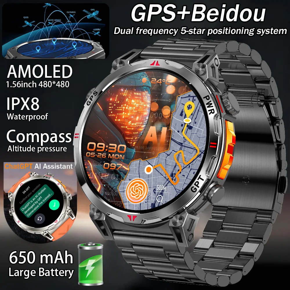 

Встроенные GPS GPT Смарт-часы BT Call 1.56AMOLED 3ATM Водонепроницаемый уличный компас Смарт-фитнес Спортивное отслеживание Мужские часы 650 мАч