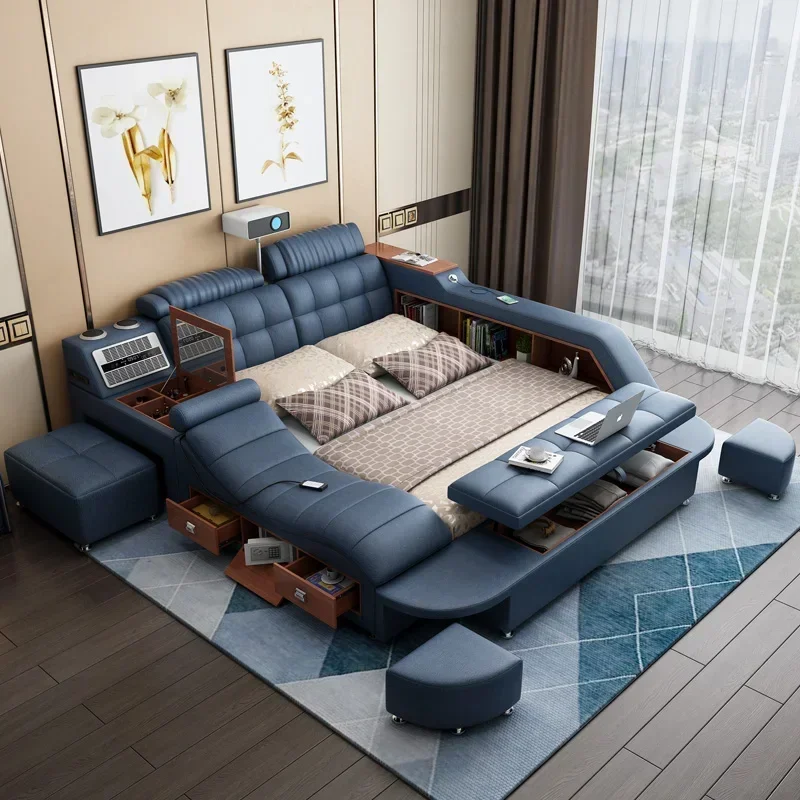 

Роскошная кровать King Size из натуральной кожи, умная кровать, многофункциональная кровать премиум-класса, массажная кровать с USB-проектором, 150x200, мебель