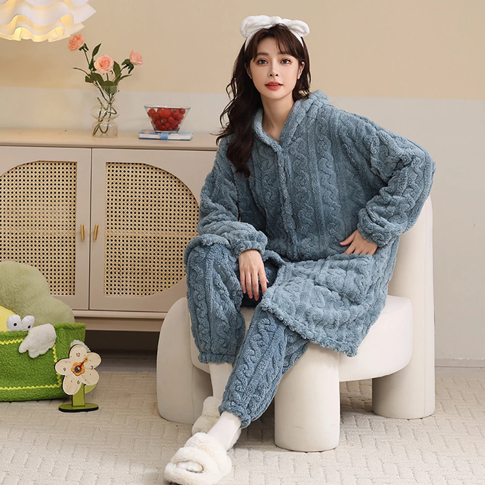 Women Pajamas Sets Two Pieces Nightgown Suit Winter Warm Sleepwear Nightwear Long Sleeve Thick Nightdress Solid Sleeping Dresses