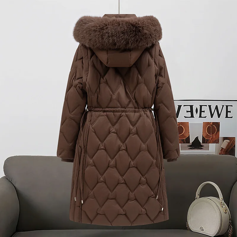 Großer Pelzkragen mit Kapuze, abnehmbares Fell, mittellanger, mit Baumwolle gefütterter Daunenmantel für Damen, Winter, verdickt, warm, winddicht, mit Baumwolle gefüttert