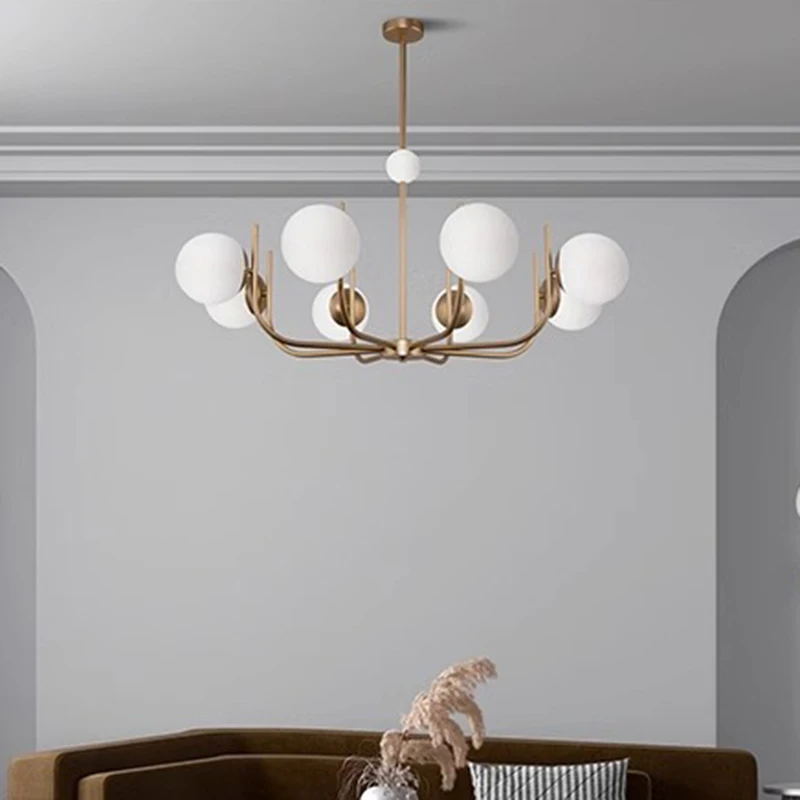 

Modern Black/gold Wrought Iron LED Chandeliers White Glass Ball Pendant Light Living Room Restaurant Bedroom Hotel Hanging Lamp