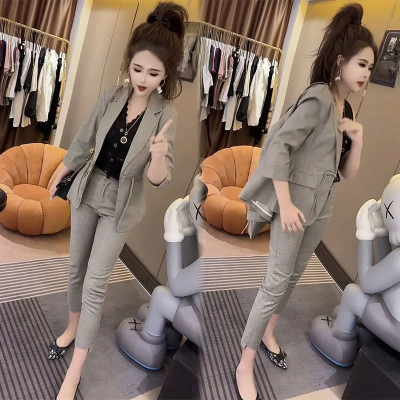 Retro Casual Faion Set Damski Wiosenno-Letni Nowy Elegancki Komplet Mała Marynarka i Spodnie z Wąskimi Nogawkami Dwuczęściowy Zestaw