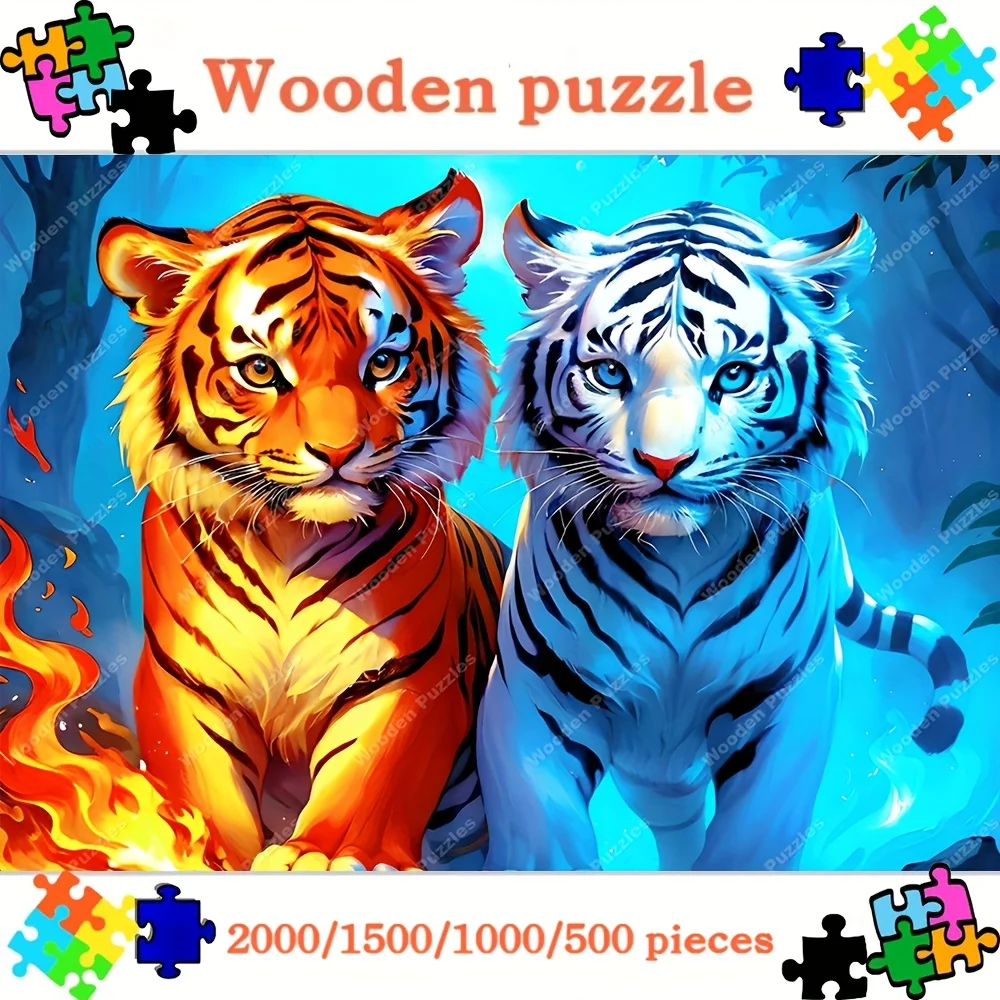 2000/1500/1000/500 Stück großes Puzzle für Erwachsene – Tiger- und weißer Tiger mit Flammen- und Eisdesign, herausforderndes Asse im 5D-Stil