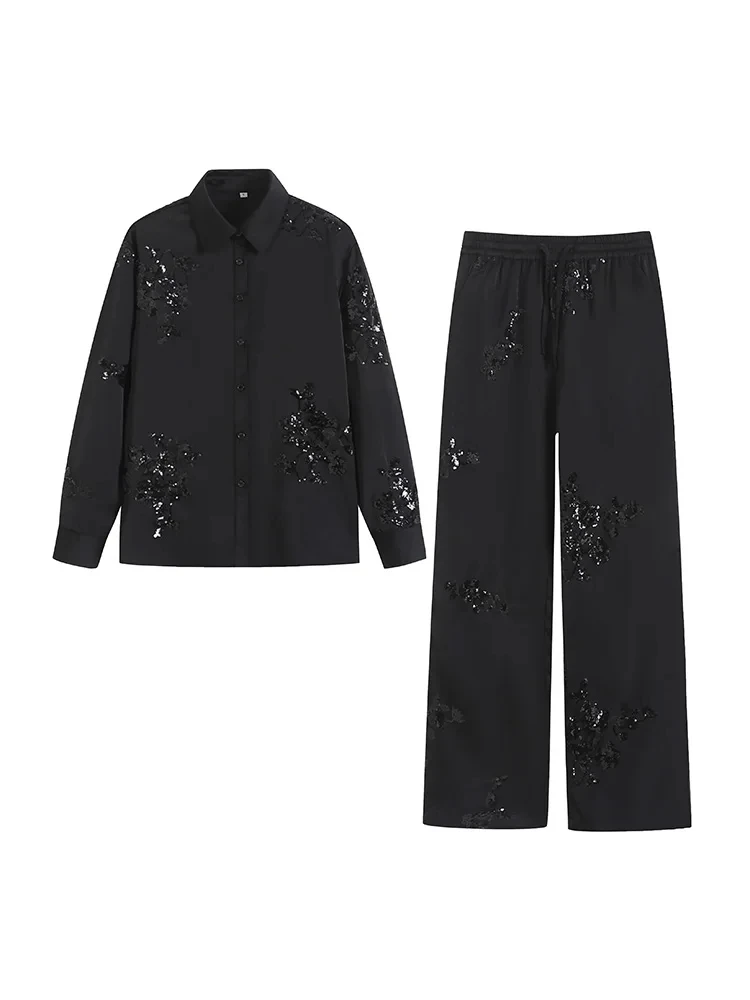 Silk Pajamas for Women Fashion Satin Sleepwear Beaded Decoration Embroidered Shirt Sequined Trousers Loungewear 2 Pieces Set