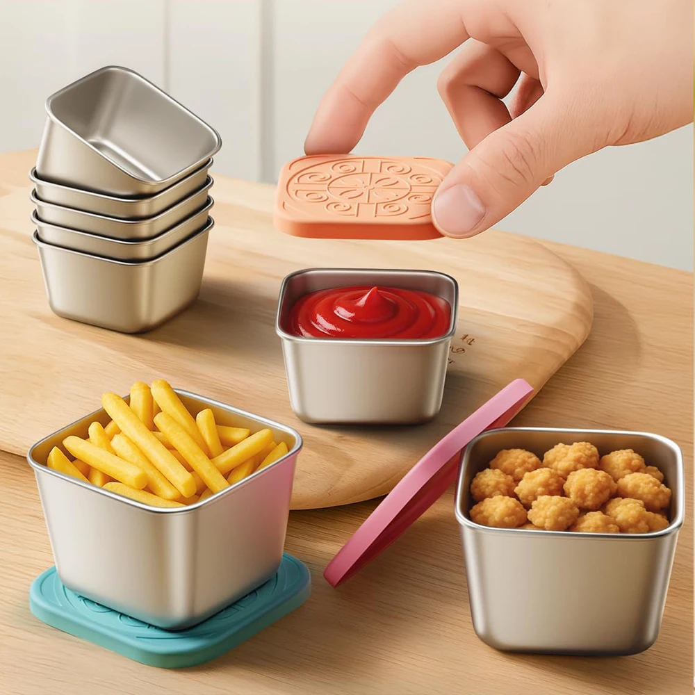 6個セット 漏れ防止 6オンス ステンレス製 スナックランチコンテナセット 小型食品保存容器 シリコン蓋付き