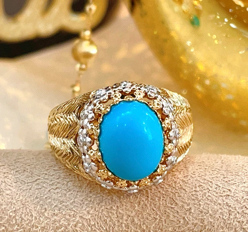 LUOWEND 100% 18K Yellow Gold Rings Luxury Vintage Style Natural Turquoise Engagement Ring for Women High Party Jewelry