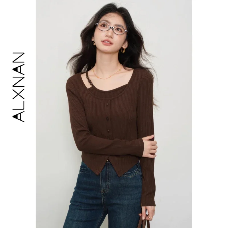 ALXNAN Brown Pullover Women Fake Two-piece Hollow Knitted Long Sleeve T-shirt 2026 Autumn Slim-fit Knitted Tops Female L569116