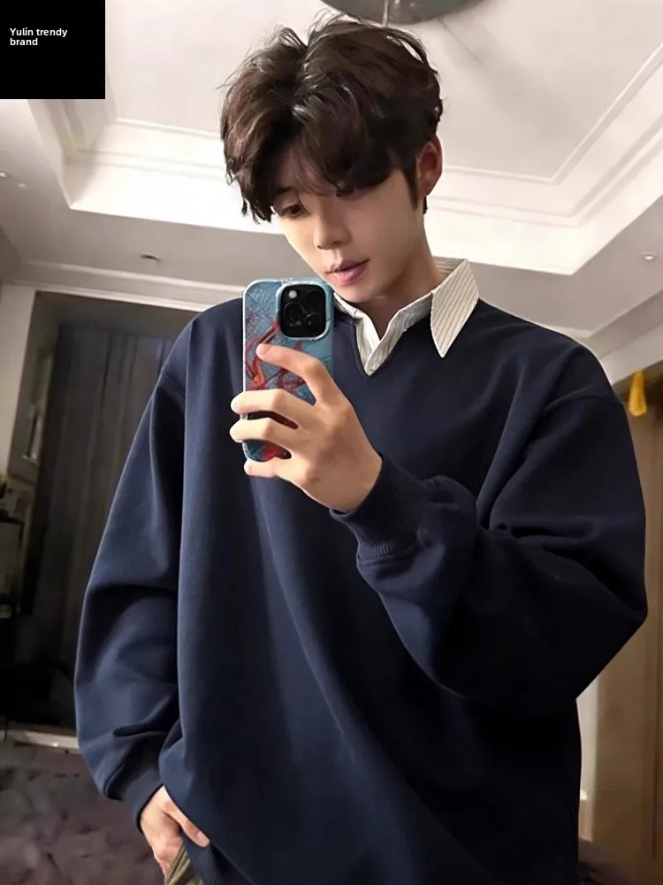 

Кобальтово-синий свитшот с длинными рукавами и воротником для мужчин, весенний, в полоску, с лоскутным узором, в американском университетском стиле