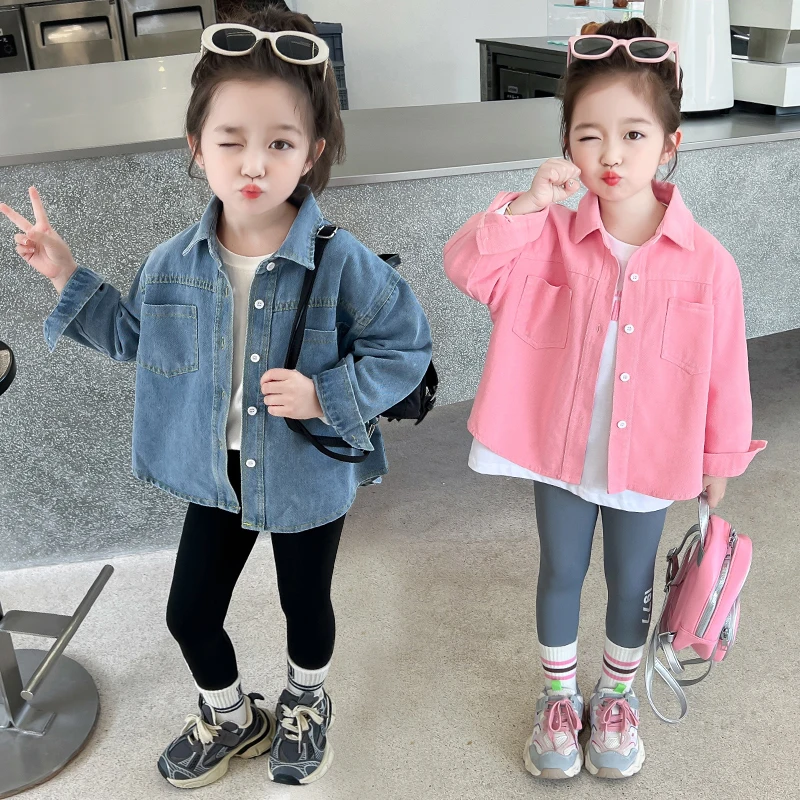 

Elegant Children's Denim Jacket for Baby Girls Casual Clothing Outfit Kids Solid Blue Pink Color Jeans Coat 2 3 4 5 6 7 8 9 Y