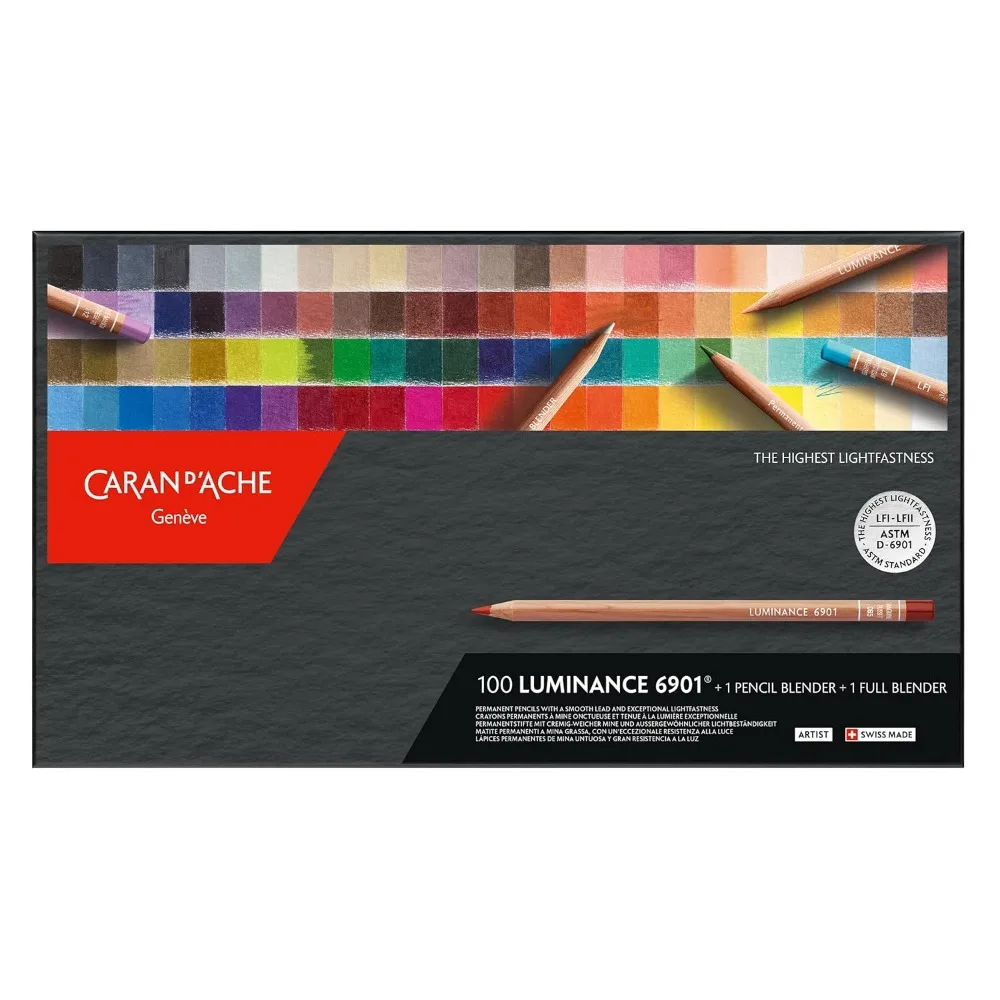 Caran d'Ache Luminance 6901 Box of 100 Individual Coloured, Artists, Colour Coded Pencils & 1 Full & 1 Pencil Blender