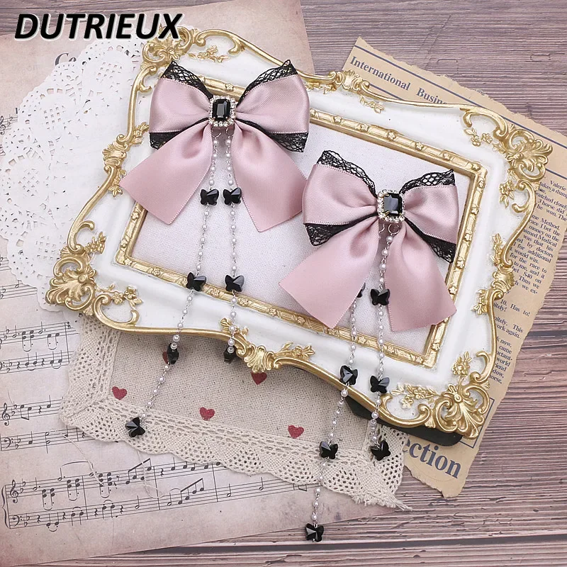 

Korean Hair Accessories Sweet Cute Hairclips Japanese Style New Headwear Crystal Beads Butterfly Pendant Lace Bow Clip Barrettes