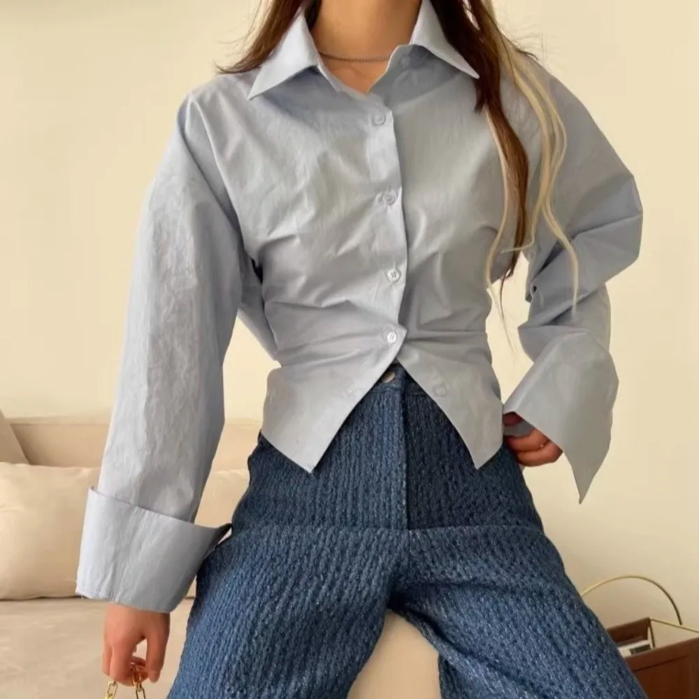 Modna krótka bluzka damska wiązana w pasie, koszula z dekoltem w serek z tyłu, koszule z długim rękawem w stylu koreańskim Y2K, niebieskie koszule wiązane w pasie, dopasowane koszule damskie.