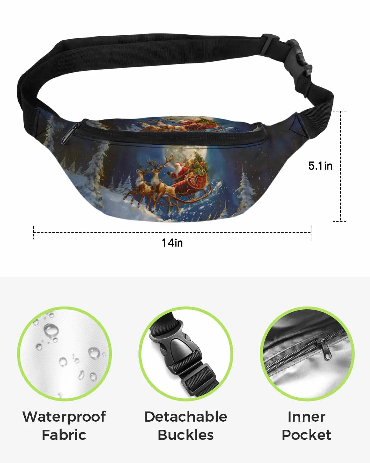 Christmas Santa Drives Reindeer To Give Gifts Moon   Men Women Waist Bag  Belt Bag Wallet Pouch Waterproof Banana Hip Bags