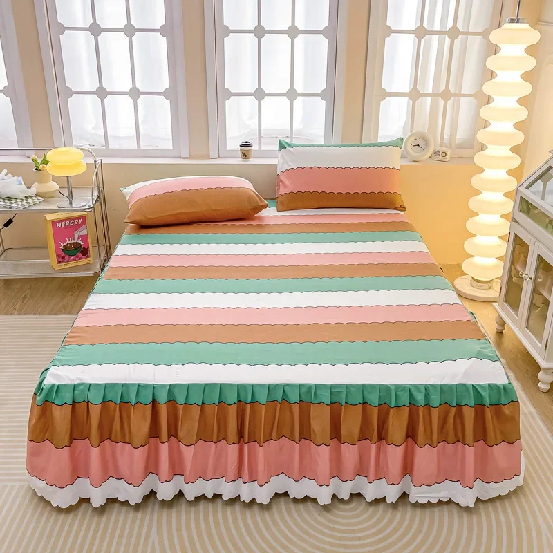 Multicolor Stripes Bed Skirt Geometric Wrap Around Bedskirt Microfiber 3 Side Coverage Dust Ruffle Bed Sheet With 2 Pillowcases