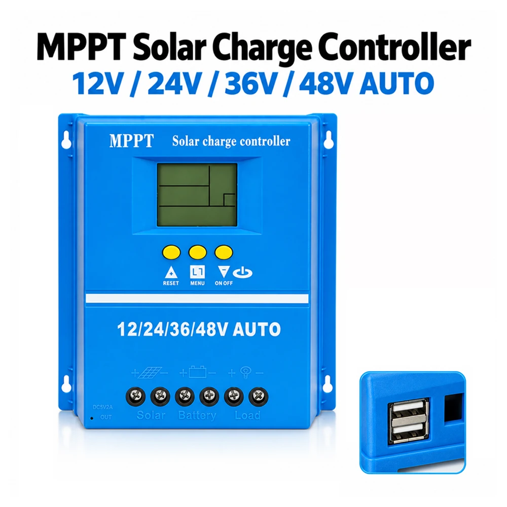 60A MPPT Solar Charge Controller Auto 12V-48V, LCD Display Dual USB for LiFePO4 Battery, RV Solar Panel Regulator