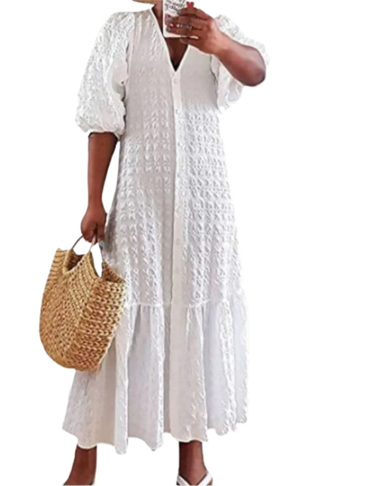 

Casual Solid Loose Dress For Women Fashion Lantern Sleeve V Neck Button Dresses Robe Femme Elegant Holiday Party Womens Clothing