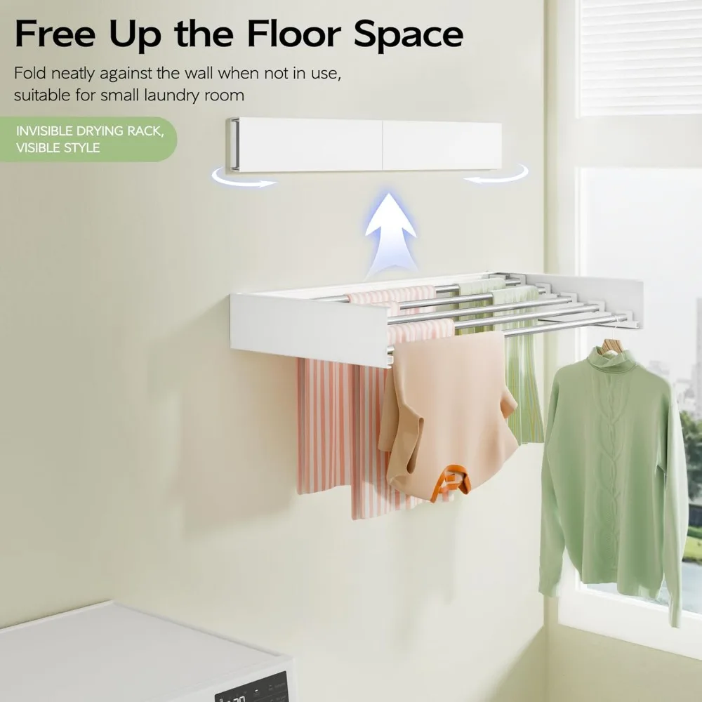 Foldable Wall Mount Clothes Drying Rack, 32 Inch, 5 Rods, White - Space Saving Indoor Laundry Solution