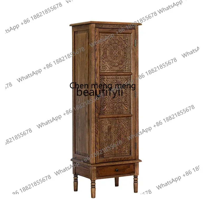 American country solid wood carving flower TV side cabinet pastoral retro oak, versatile locker