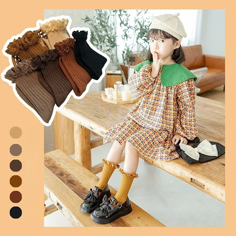 Korean Baby Children Girls Cute Striped Socks Kids School Uniform Stockings Princess Floral Ruffled Long Socks Mid-calf Socks