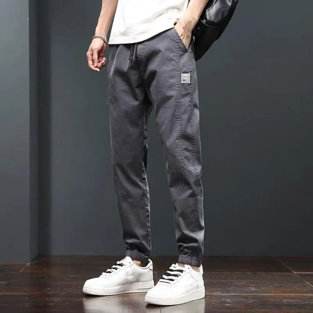 

Men Cargo Pants Ankle-banded Elastic Waist Drawstring Loose Solid Color Daily Wear Denim Pockets Men Harem Pants Jeans Male Clot