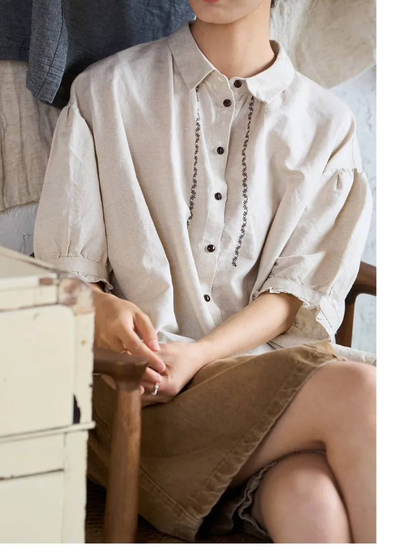 2025 New Women's Cotton Linen ort Sve Embroidered irt Loose Fit Vintage Design Summer Top Commute Sle Regular Length