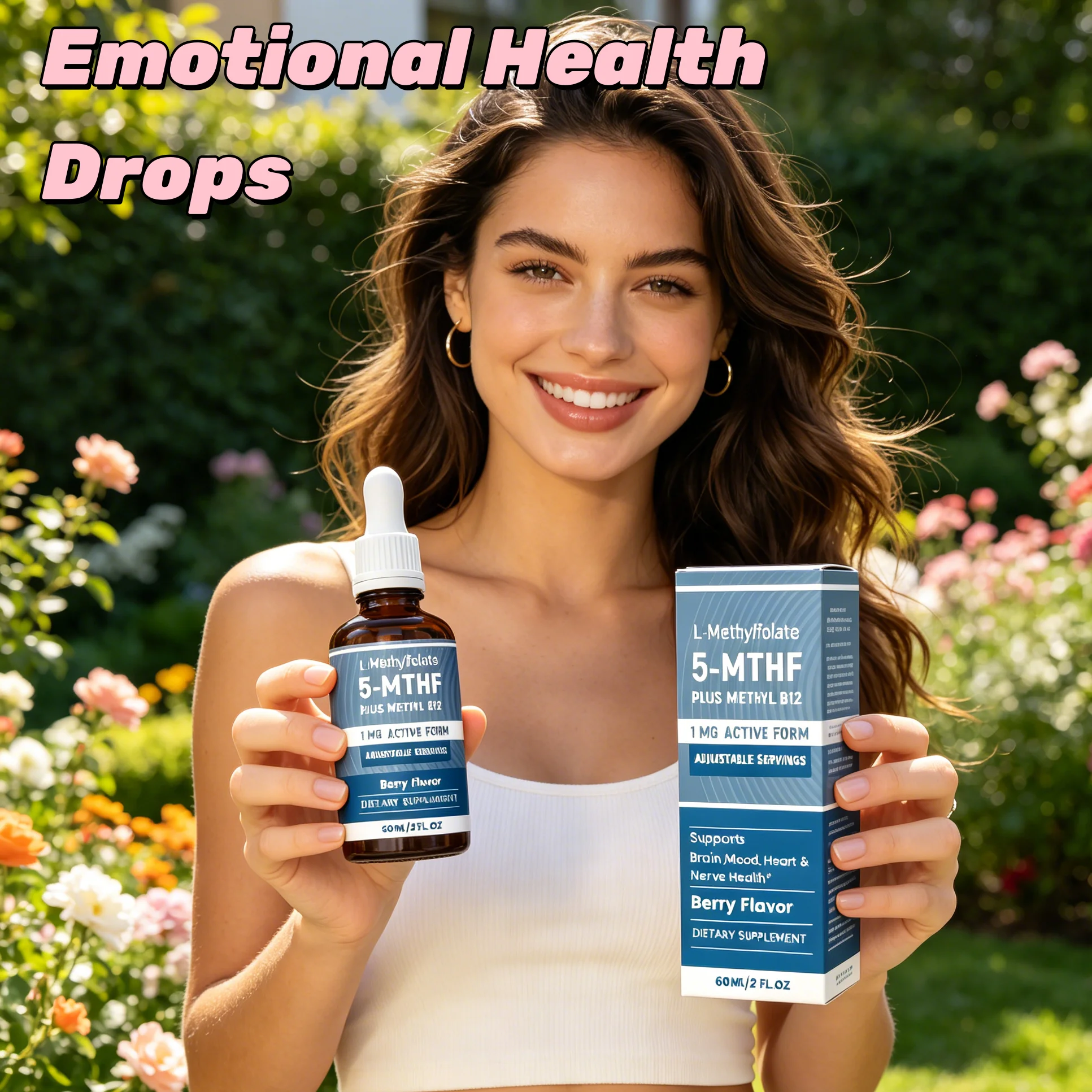 Gotas sublinguales de L-Metilfolato activo y Vitamina B12 para el equilibrio hormonal emocional, la salud inmunológica y cardíaca.
