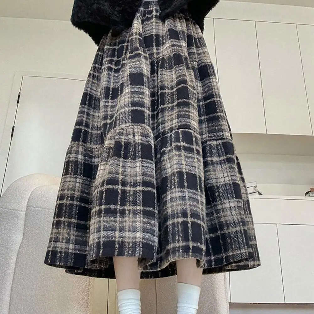 High-waisted Woolen Skirt Elegant High-waisted Plaid Woolen Skirt with Ruffle Detailing Women's A-line Skirt for Autumn Winter