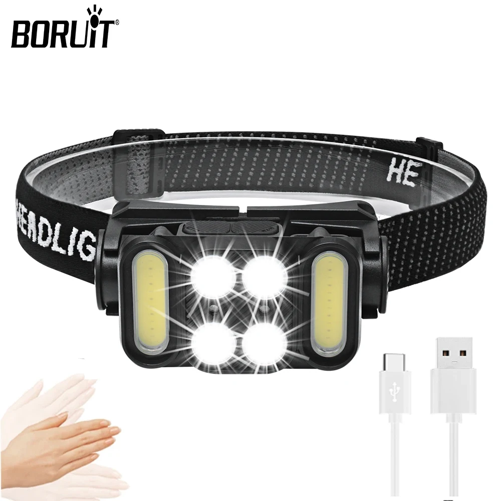 

BORUiT LED Sensor Headlamp 18650 COB Headlight 5-light Mode Type-C Head Torch Rechargeable Waterproof Camping Light Hiking Lamp